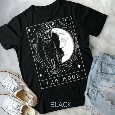 Tarotkarte Halbmond und Katze Grafik Unisex Form T-Shirt