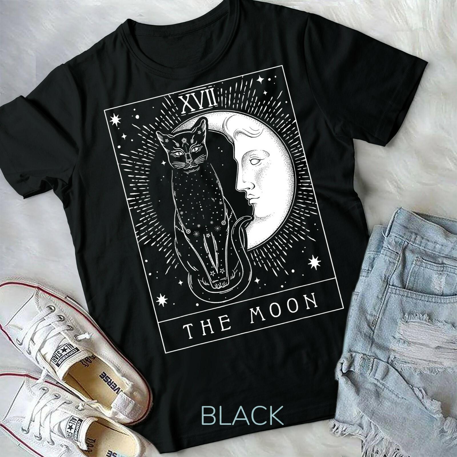 Tarot Card Crescent Moon And Cat Graphic Unisex Form T-shirt XL