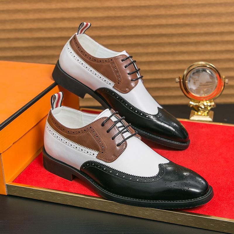 Fashion New Men Dress Shoes Luxury Derby Business Leather Shoes for Mens Patchwork Pointed Social Shoe Male Black Casual Wedding Shoes