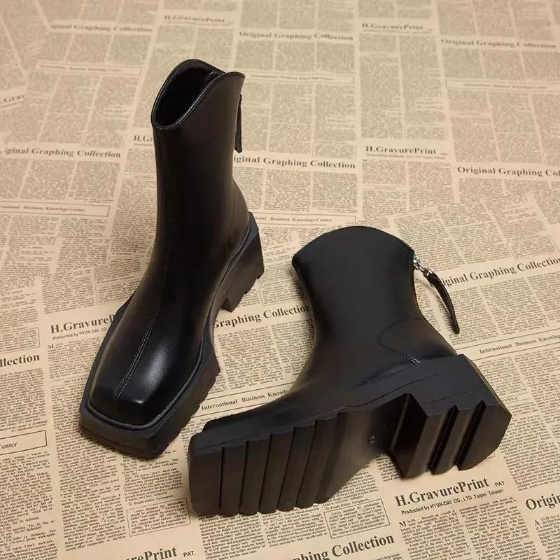 Women's Shoes on Sale 2024 High Quality Zipper Women's Boots Winter Square Toe Solid Short Barrel Chunky Heels Fashion Boots