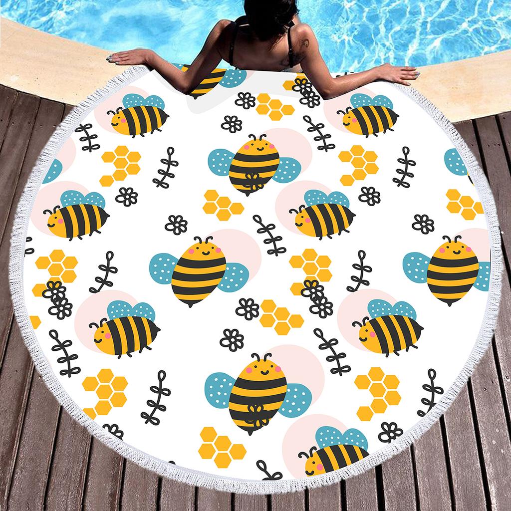 Yellow Bee Round Beach Towel Microfiber Quick Dry Lightweight Cartoon Animal Beach Blanket Throw Roundie Swim Pool Circle Towel