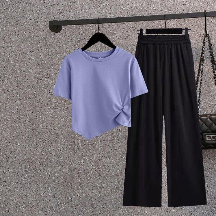 Korean Irregular Short Shirt Women's Top Vertical Black Wide Leg Pants Two-piece Fashion Casual Suit