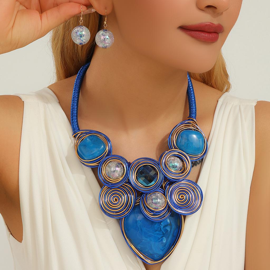 Statement Jewelry Set Trendy Resin Gem Crystal Beads Aluminum Wire Handmade Woven Necklace And Earrings Women Party Accessories