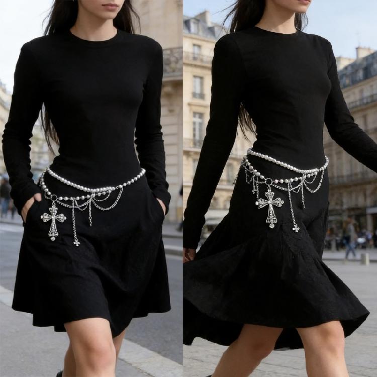 2000s Gothic Waist Belt Multi Layered Chain Pearls Chain Crosses Design For Edgy Outfits