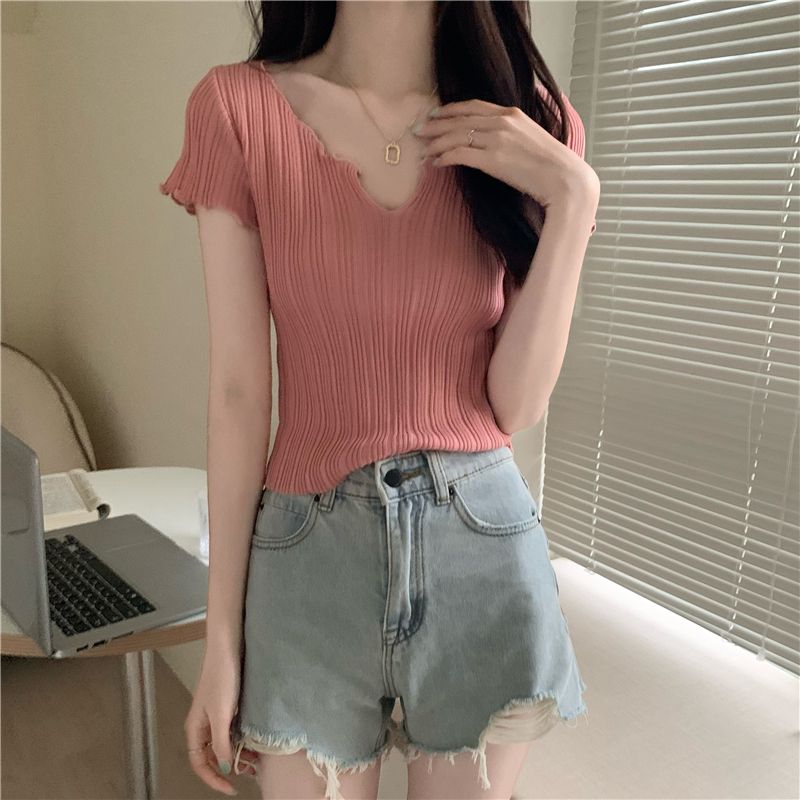 

Трикотажная футболка Ice Silk с короткими рукавами для женщин, летняя, с передним плечом, пикантная, для похудения, с V-образным вырезом, с деревянными ушками, короткий топ one size розовый