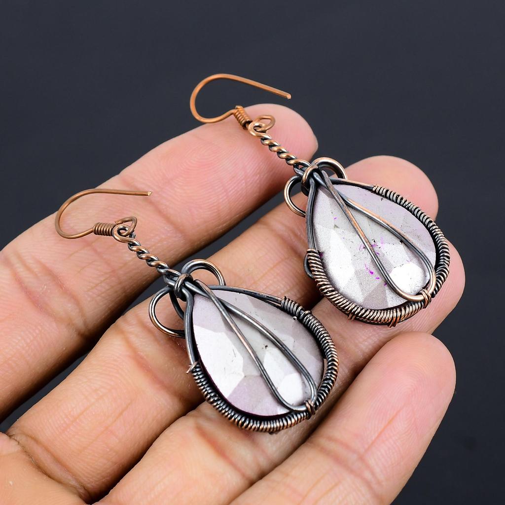 Pink Tourmaline Gemstone Earrings, Handmade 999 Copper Wire Wrapped Jewelry, Meditation Earrings Jewelry For Women