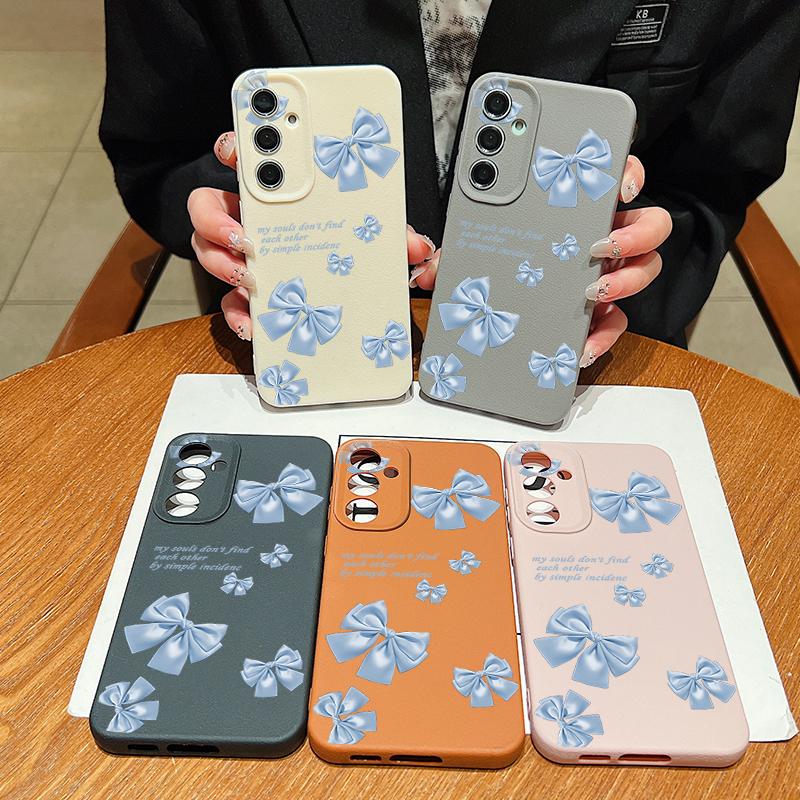 Blue Bowknot Pattern Leather Texture Plain Color Shell for Samsung S25 Ultra S24 Fe S23 S22 A56 A16 A15 A55 Soft Silicone Shockproof Matte Case