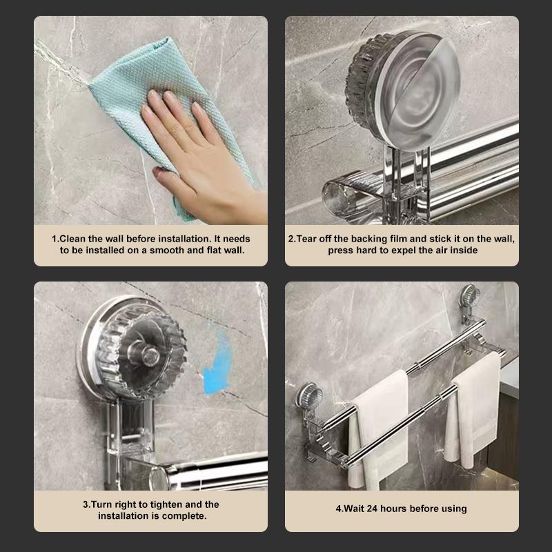 Double Layer 56-94cm Suction cup wall mounted towel rack, Non Perforated bathroom storage rack, bathroom single-pole towel rack