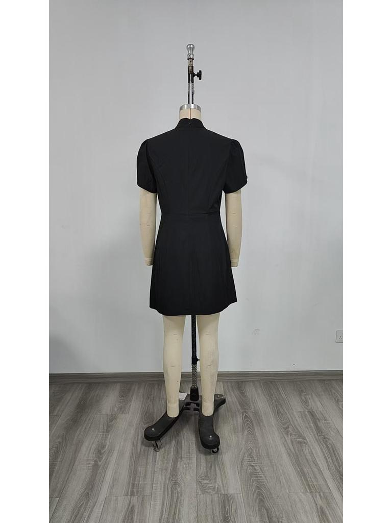 2026 Summer Stand Collar Puff Sleeve High Waist Dress for Women – Trendy European & American Style