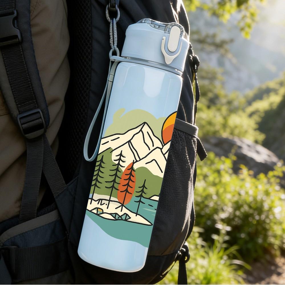 1PC Mountain Lake Retro Landscape Print 750ml Color Plastic Sports Water Bottle Leakproof Flip Straw Lid Suitable for Sports Office Home Use