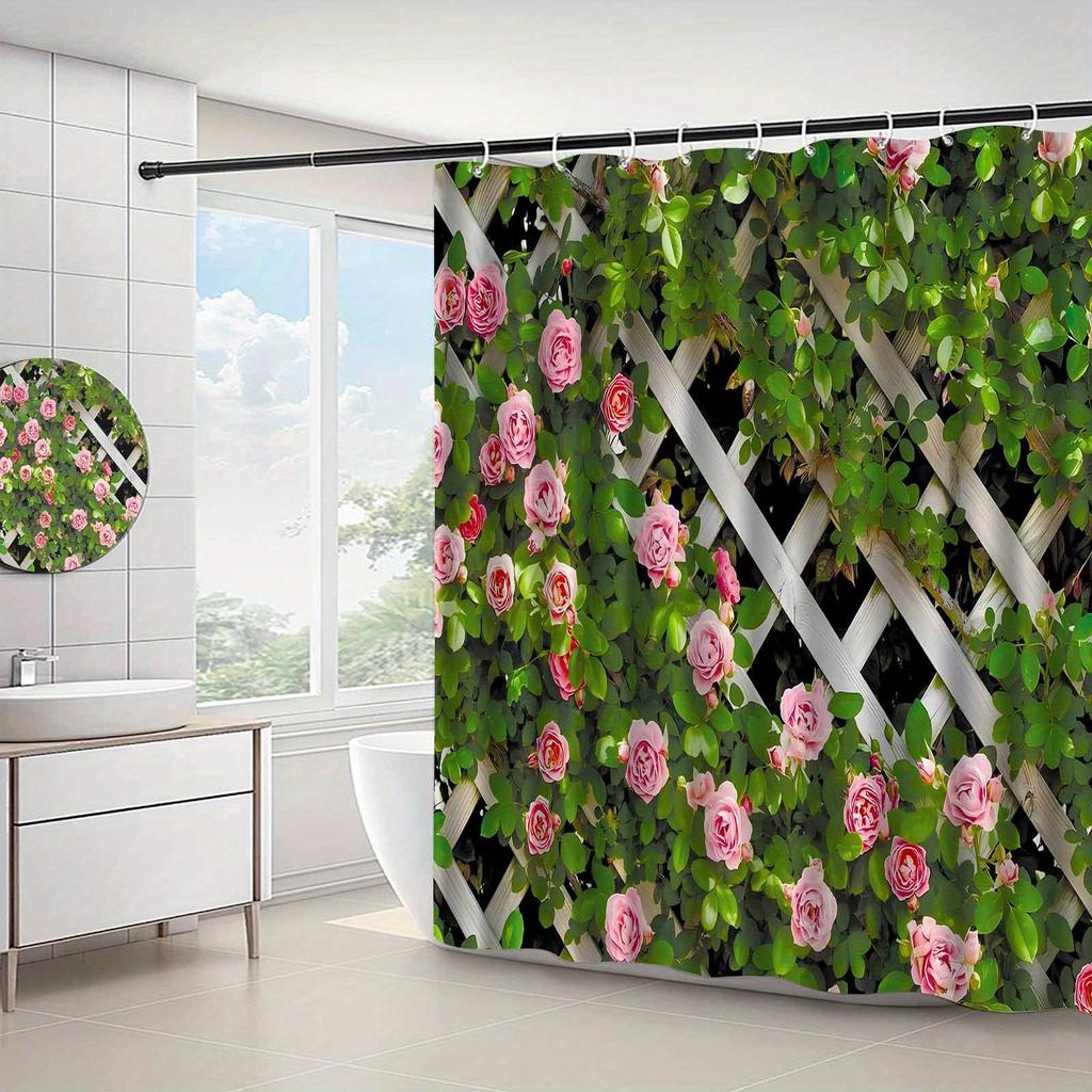 1pc Modern Rose & Greenery Shower Curtain - Elegant Polyester Bathroom Decor with Lattice Design, Machine Washable