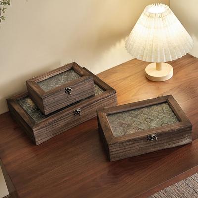 Retro Wooden Desktop Jewely Box Home Decoration Dressing Table Jewelry Box Begonia Flower Glass Storage Box Desk Organizer