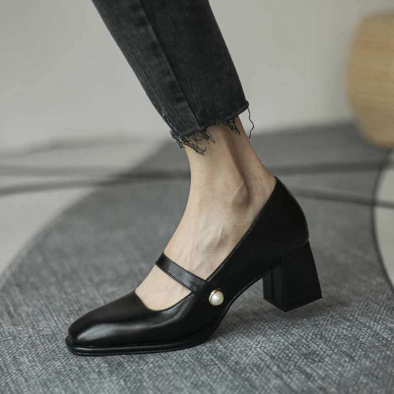 Cheap Mary Jane Shoes Woman Chunky Heels PU Leather Square Toe Designer Pumps Spring Fashion
