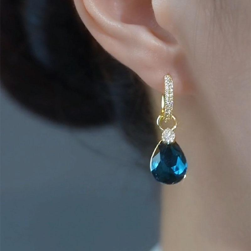 Summer Blue Teardrop Crystal Earrings Elegant Fashion Ear Accessories for Women Stylish Party Jewelry