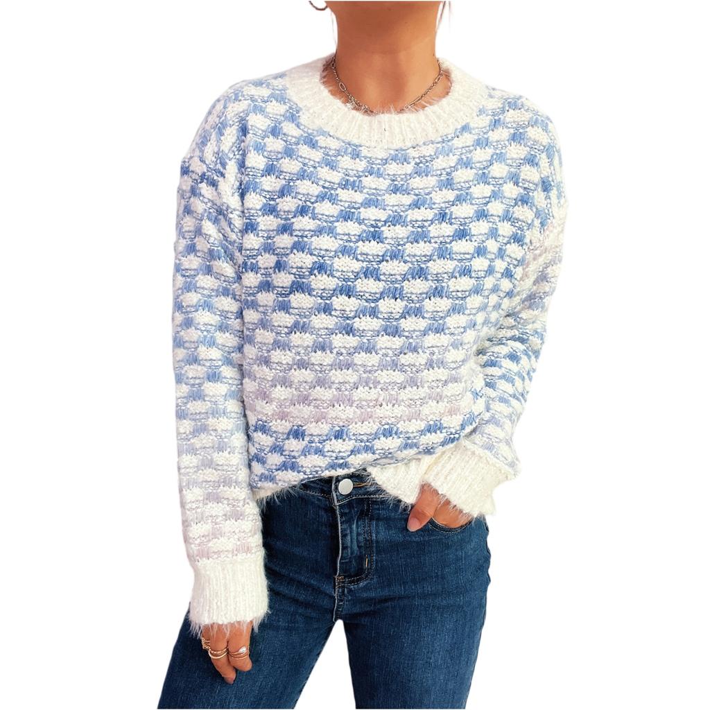 Women's Fashion Casual Loose Pattern Gradient Color Long Sleeve Round Neck Pullover Knit Sweater