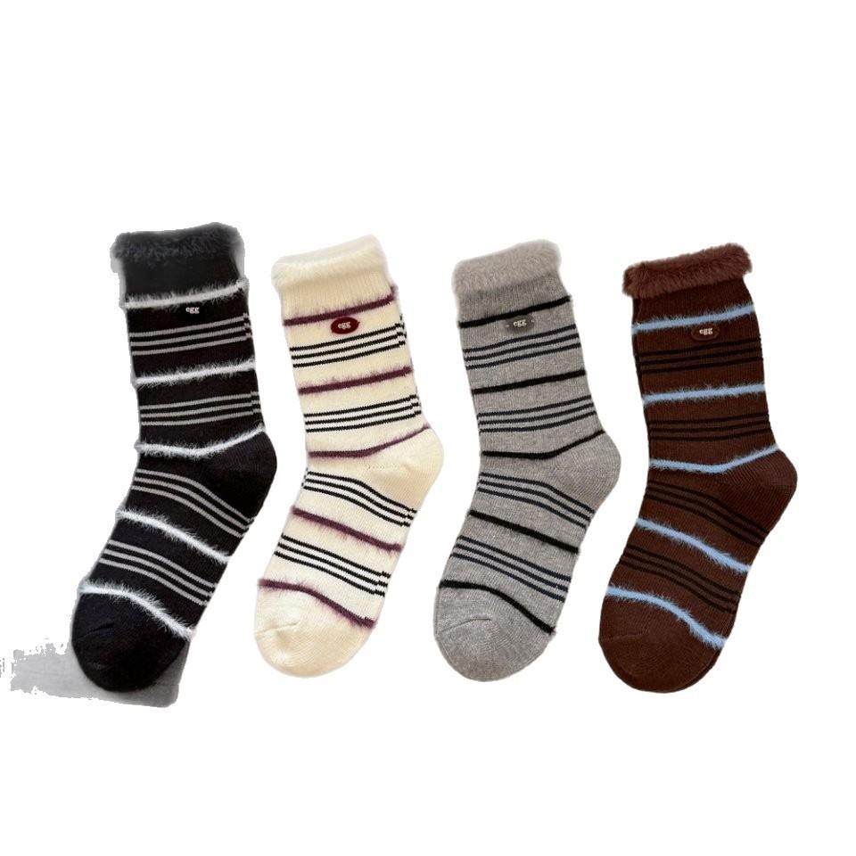 Mink Fleece Splicing Striped Plush Egg Buttons Trendy Socks Thickened And Warm College Style Pile Socks Cotton