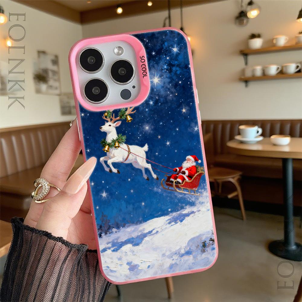 Santa Reindeer Sleigh In Snow Hard Phone Case for Iphone 16 15 14 13 12 11 Pro Max Mini Shockproof Anti-Scratch Protective Cover