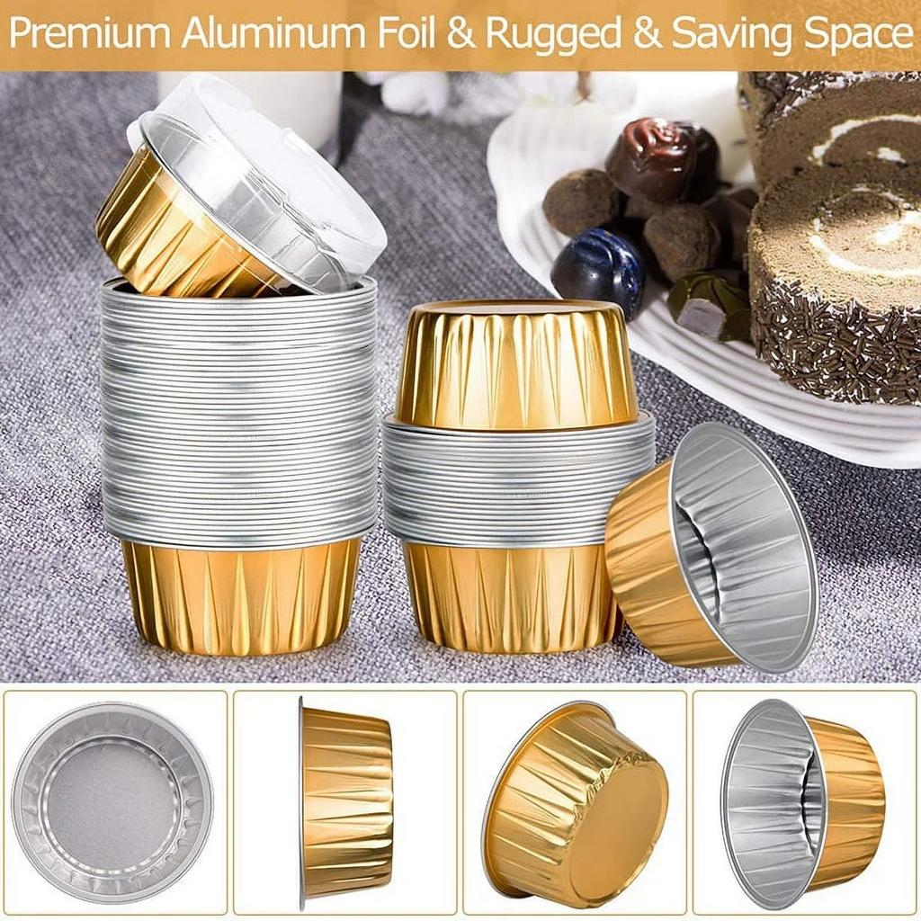 Dessert Cups With Lids, 50 Pieces Gold Aluminum Foil Baking Cup Holders, Cupcake Baking Practical Ramekins Transparent Pudding Cups