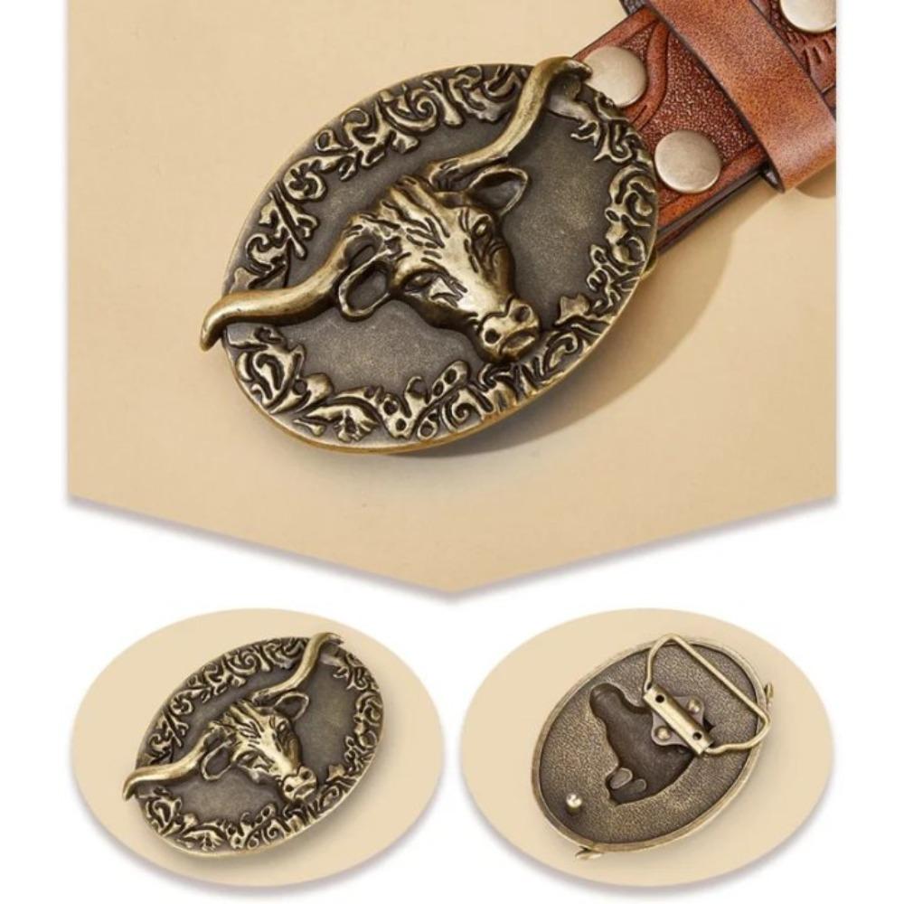 Floral Engraved Cowgirl Buckle Belt Vintage Longhorn Bull Belt Dress Decoration