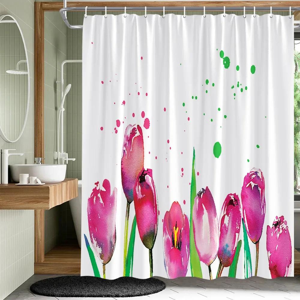 Plant Leaves Flower Bath Curtains Set Garden Floral Drum Tower Fabric Bathroom Decor Splash Resistant Partition Bath Curtains