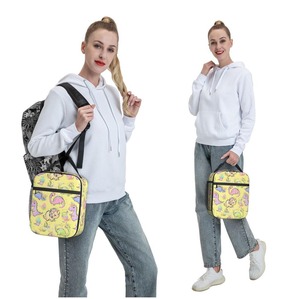 Cartoon Cute Dinosaur In Pink Background Insulated Lunch Bag for Women Children Portable Food Boxes Thermal Lunch Box Tote