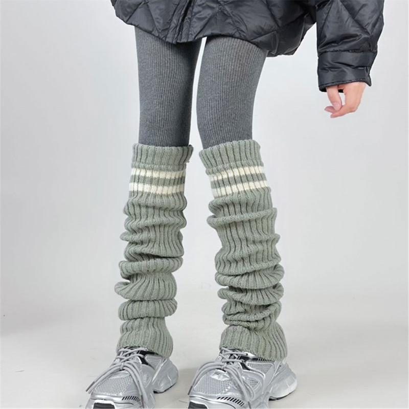 Women Thicken Ribbed Knit Leg Warmer Preppy Style Double Striped Leg Covers Snow Boot Cuffs Over Knee Stacked Long Socks