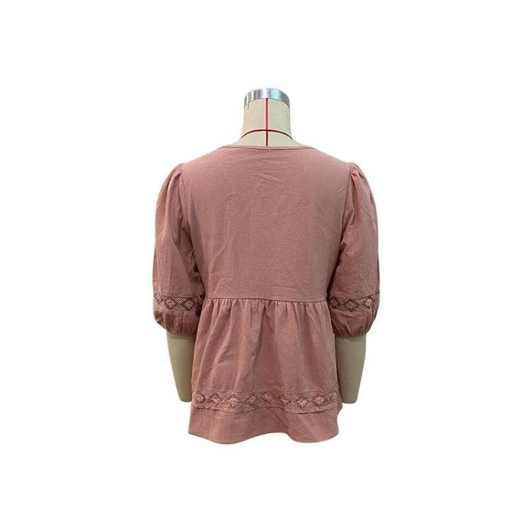 Women Casual Summer Short Sleeve V Neck Blouse Shirt Pink Cotton Linen