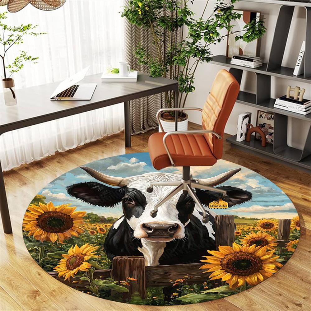 1PC Cow Sunflowers Office Round Area Rug, Under Office Chairs Bedroom Living Room Home Decor, Carpet for Office -1110122