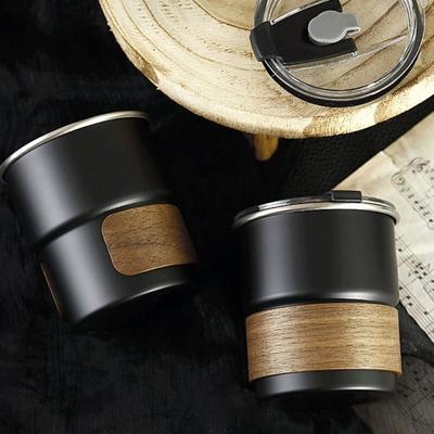 Beer Mug 300ml Coffee Camping Mug 304 Stainless Steel with Lid Coffee Cup Anti-Scalding Wood Cover Water Cup Outdoor