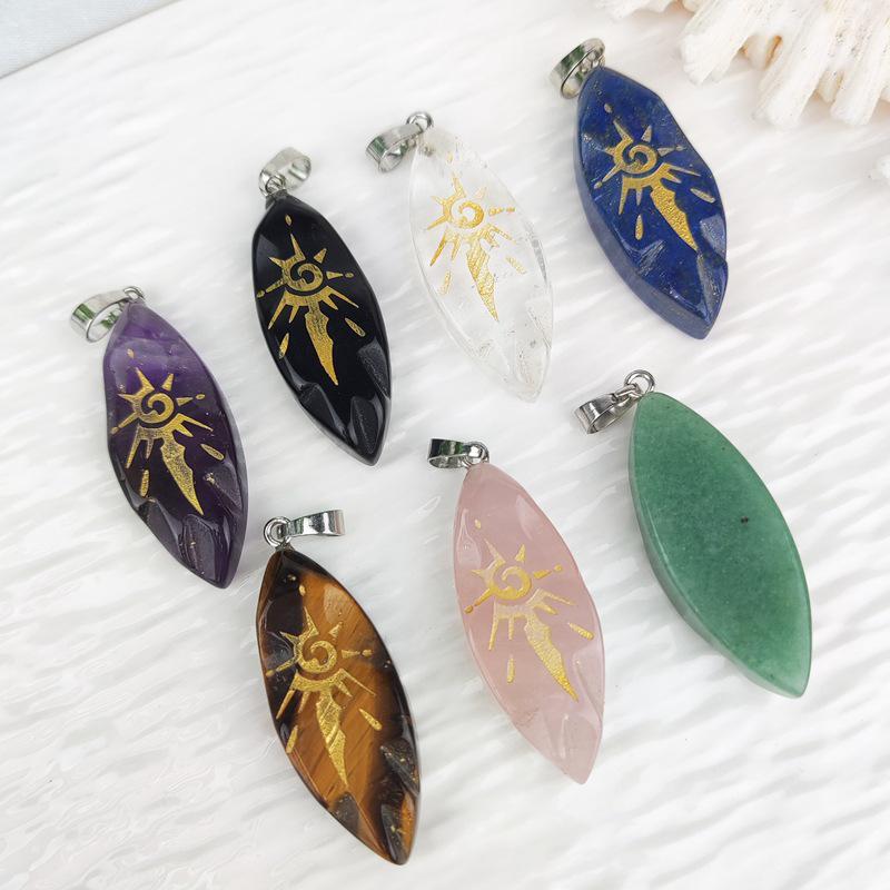 

Gold-Plated Sun Symbol Pendant with Natural Green Aventurine Stone, Marquis Shape
