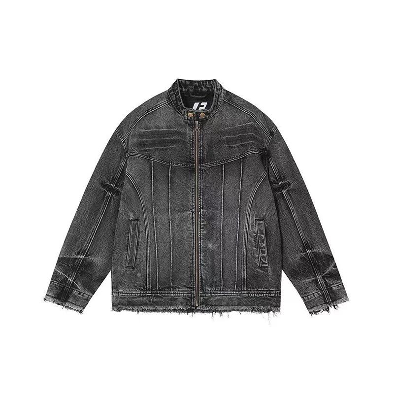 Unisex Retro Mecha Gewaschene Used-Denimjacke mit rohem Saum - High Street Lockerer Schnitt, Stehkragen, Lässiger Stil