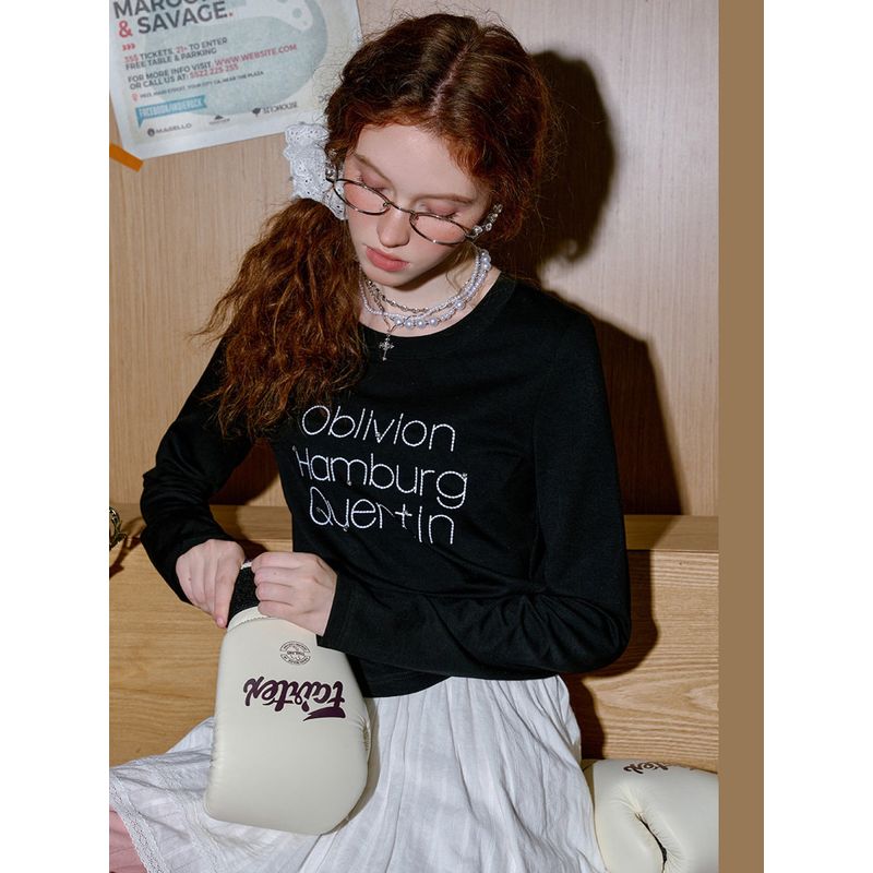 Coolhut American Retro Letter Print Loose Round Neck New Women's T-Shirt Casual Long-Sleeved Top