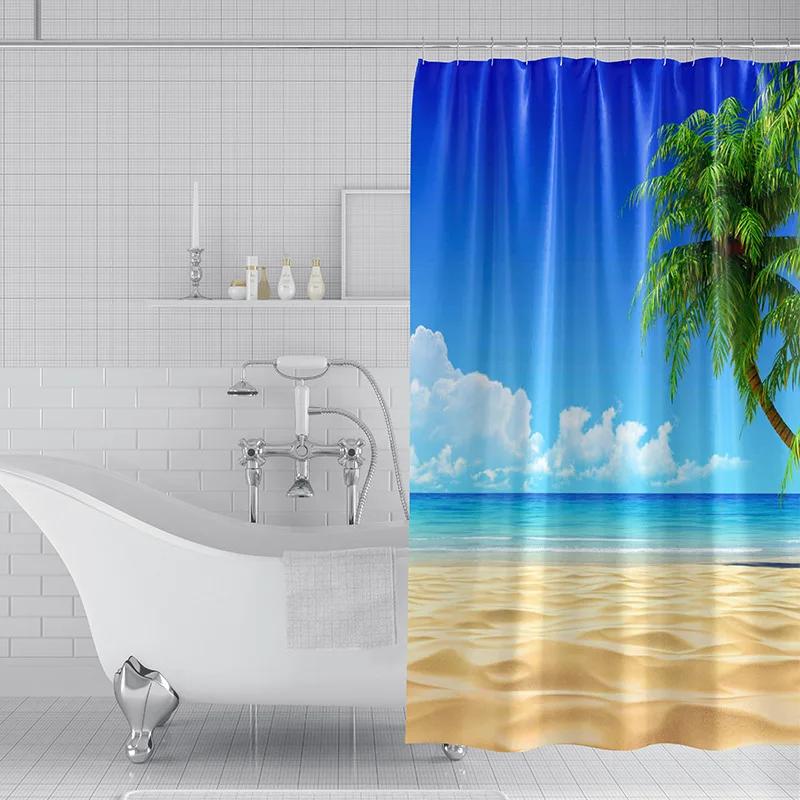2022 New Shower Curtain Starfish Beach Pattern Bathroom Partition Waterproof  Coconut Sea View Polyester