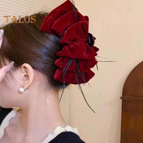 Women Hair Claw Large Pleated Velvet Multi-Layered Bowknot Decor Versatile Hair Clamp Hair Accessories