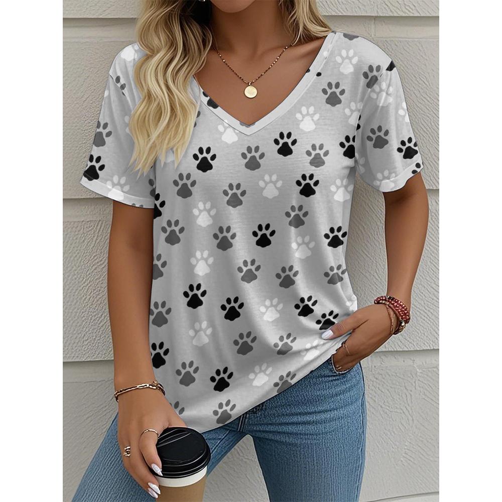 Cat Women's V-neck T-shirt Summer Outdoor Casual Short Sleeve Tops 3D Cute Cat Hand Printed OverSize Women's Clothing