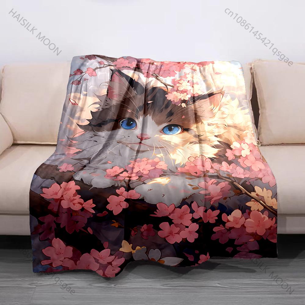 Multiple sizes Cat hiding in cherry blossoms Blanket Suitable for Home Bedroom Sofa Travel Camping Blanket Various Sizes Gifts