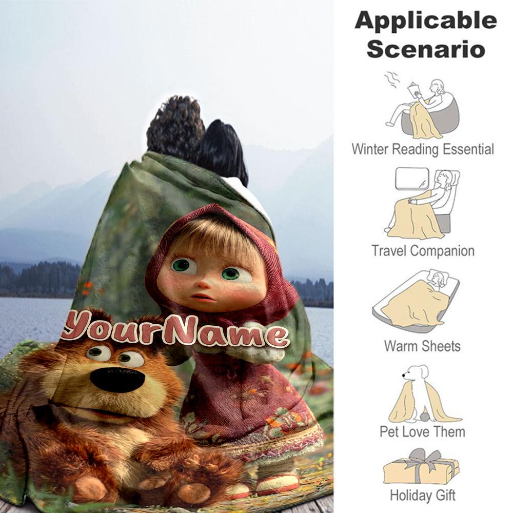 Masha Bear Personalized Name Blanket Throw Personalized Blanket Ultra-Soft Great for Sofa Chair Bed Couch All-Season Use Gift for Travel Home Birthday