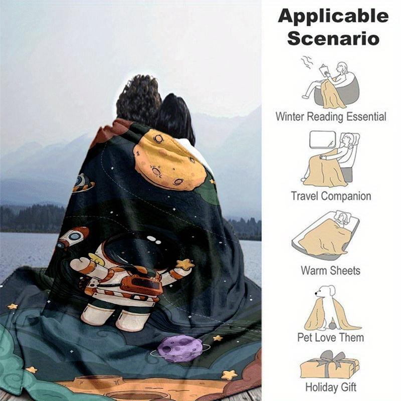 1pc Astronaut Printing Lightweight Flannel Blanket, Comfortable and Warm Blanket, for Camping Sofa Bed and Couch Office, Gift