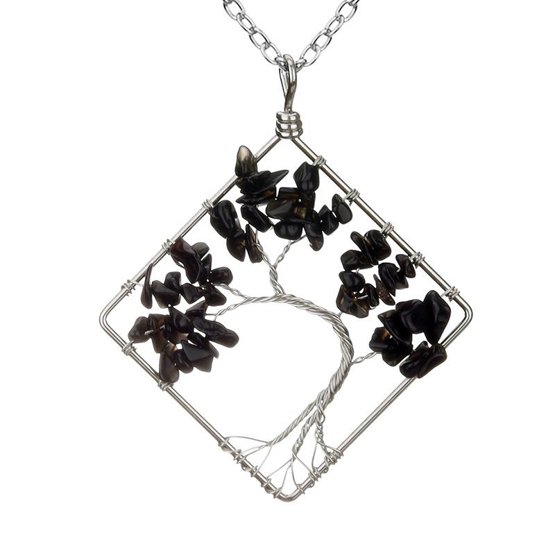 Wrapped Colorful Natural Stone Crystal Square Curved Tree Of Life Pendant Necklace N08 Fresh And Sweet