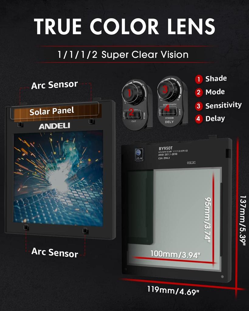 ANDELI Spawanie 4 Łuk Automatyczny Automatyczne Przyciemnianie Maska Spawalnicza Poziom Przyciemniania Spawanie Szerokie Pole Widzenia do Widzenia Spawu Kompatybilne Spawanie