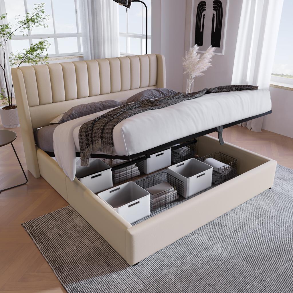 (=465758AAB)Storage Bed Upholstered Bed Hydraulic Double Bed 180x200cm, Wooden Slatted Frame, Bed with Slatted Frame Made of Metal Frame, Linen, Beige
