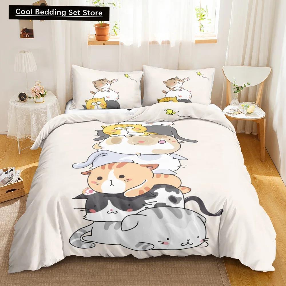 3PCS Single-sided Printed Bedding Set ,Comforter Cartoon Cute Cat Duvet Bedding Cover Pillows Comfortable Bedspreads BeddingSet