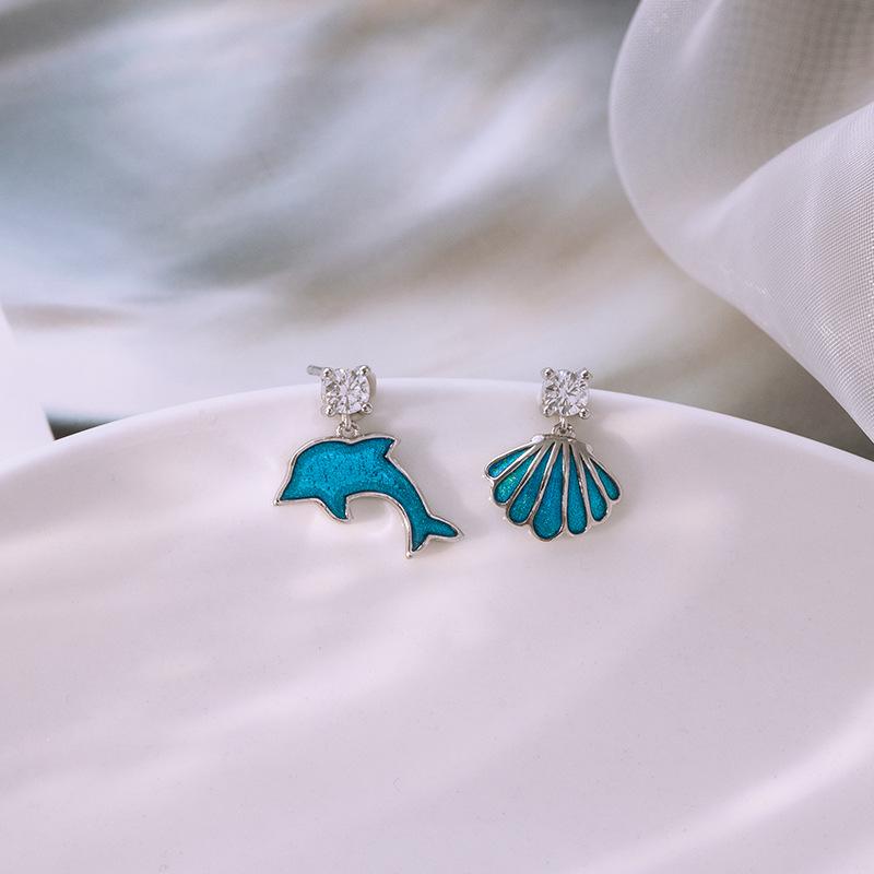 Asymmetric Ocean Shell & Dolphin Zircon Earrings - S925 Silver Glazed Drop Style for Women