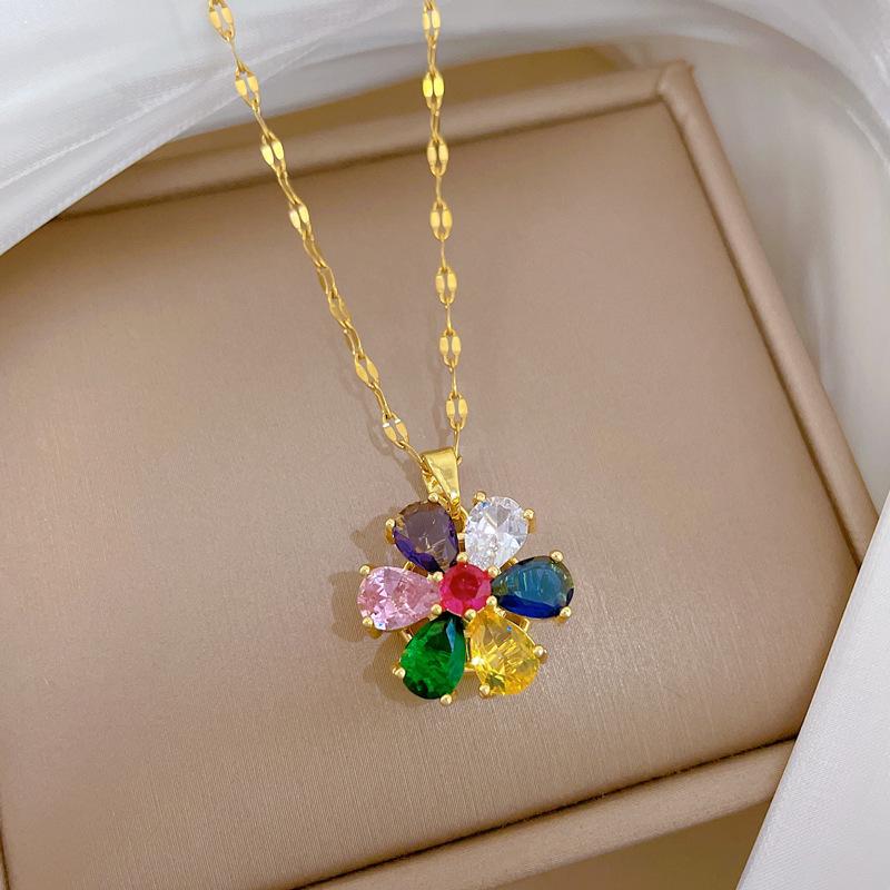 Sweet Rotatable Colorful Zircon Flower Pendant Necklaces for Women Trendy Stainless Steel Chain Flower Jewelry Anniversary Gifts