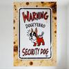 Warning Security Dog French Bulldog Metal Tin Sign, Cartoon Aggressive Dog with Chain Collar, Rustic Brown Background Decor for