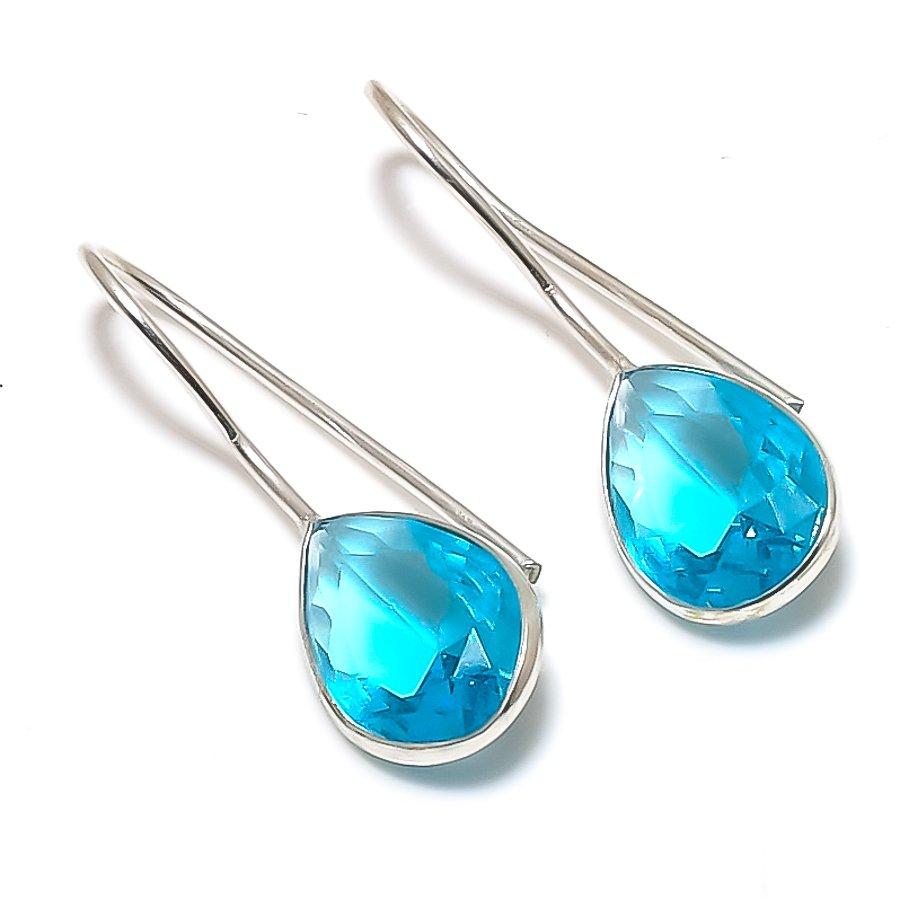 Natural Blue Topaz Gemstone 925 Sterling Silver Jewelry Earring 1.26" ETC-14082