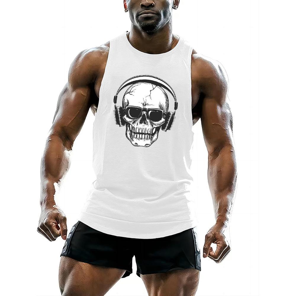 

Summer Round Neck 3D Wearing Headphones Skull Pattern Printed Top Fashionable Casual Sport Sleeveless Vest Men s T-shirts XS жовтий