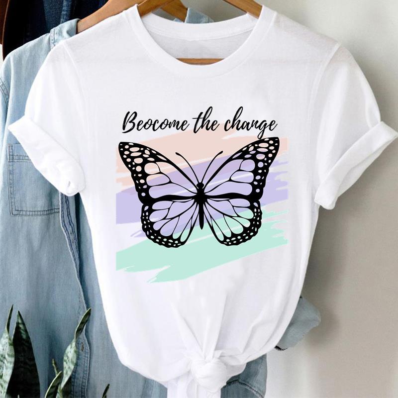 (Asian Size) Printed Clothing Top Fashion Short Sleeve T-shirts Women vintage butterfly flower Graphic Tee Lady Female Casual T Shirt Tees