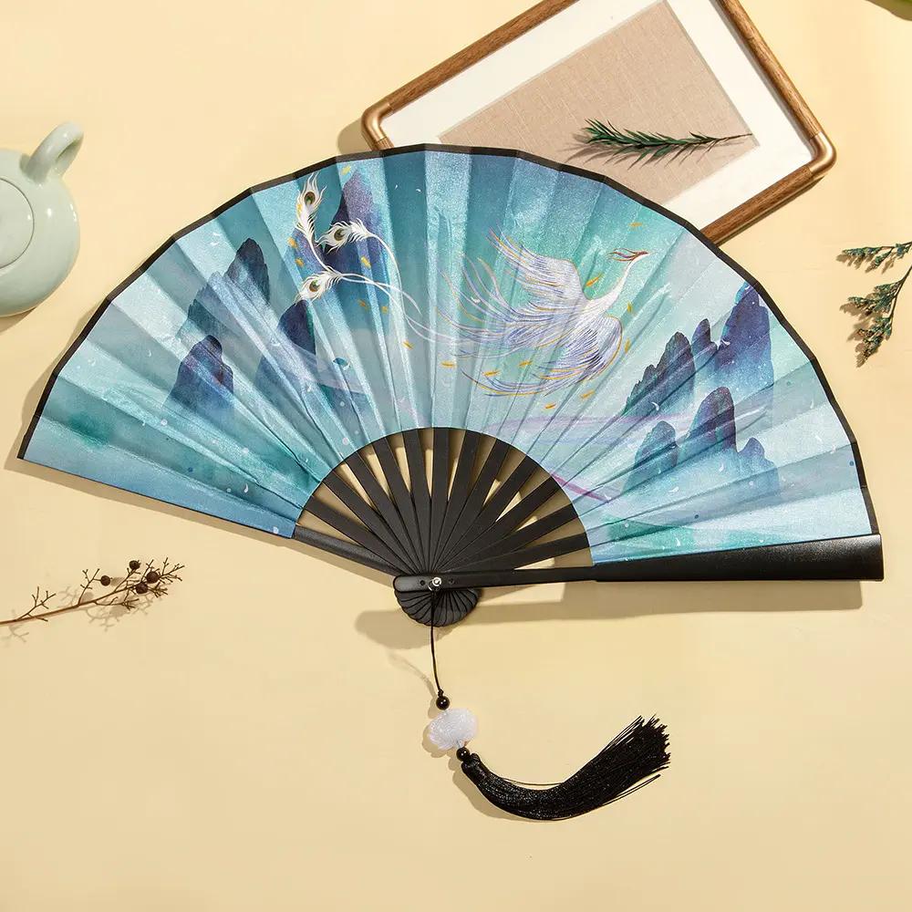 8inch Folding Fans with Chinese Style, Traditional Design, Double-Sided Silk Fabric, 18-Panel Color Printing, Suitable for Men and Women, Hanfu