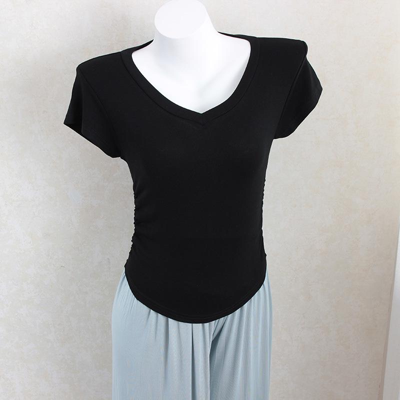 Women's V-Neck Short-Sleeved Pleated Waist Slimming Top